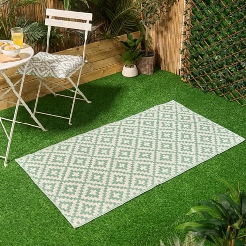 Image of Dreamscene Outdoor Rug, Geometric Print Garden Rug Water Resistant Foldable Outdoor Runner Rug Non Slip Reversible Decking Tiles Outdoor Carpet for Patio Porch Picnic Camping, Sage/White - 120 x 170cm