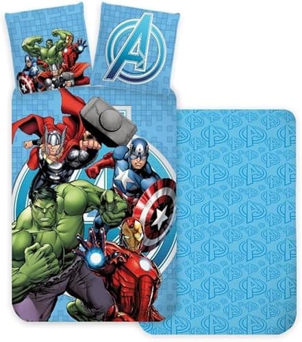 Image of Marvel Avengers Kids Bedding Set | Duvet Cover 140x200 cm + Pillowcase 50x70 cm, 100% Cotton | Soft Breathable Children’s Bed Linen Set | Official Avengers Suprheroes Design
