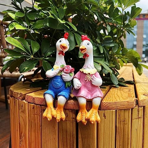 Image of Handside Garden Statues Couple Animal Cartoon Resin Cute Sitting Sculpture Goose Lovers Figurine Gift for Wedding Decorations, Art Décor Goose for Yard Home Garden Patio and Office (Chicken)