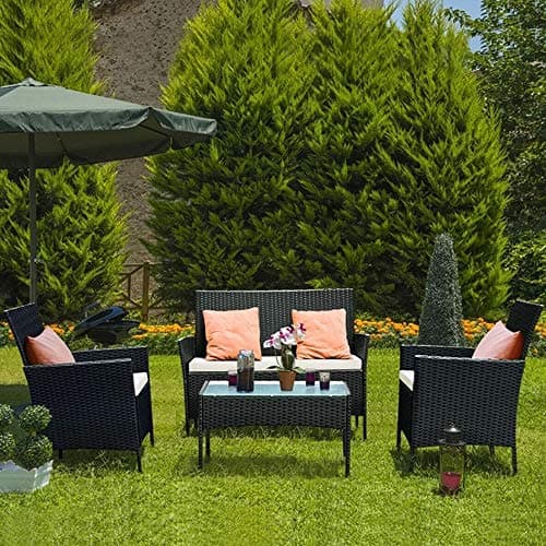 Image of bigzzia Rattan Garden Furniture Set, 4 piece Patio Rattan furniture sofa Weaving Wicker includes 2 Armchairs,1 Double seat Sofa and 1 table (Black)