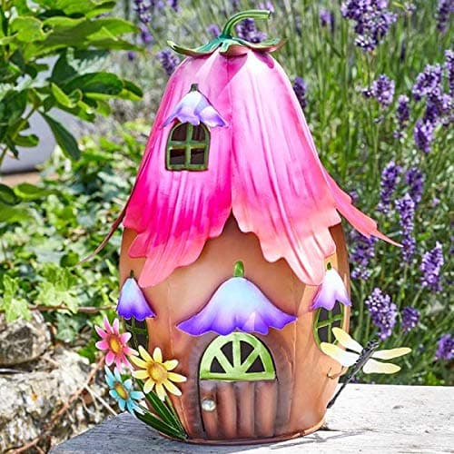 Image of Garden Mile Large Fairy House Garden Ornament 30cm Multicoloured Fairy House for Garden Patio Lawn Weather Resistant Outdoor Statue Hand Painted Metal Fairies Home Outdoor Fairy Garden Accessory