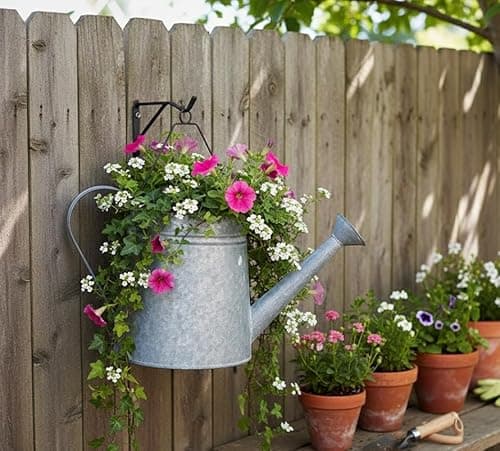 Image of My Square Mile Hanging Planters Vintage Galvanised Metal Wall Mounted Watering Can Planter Pot Hang On Balcony Fence Or Wall