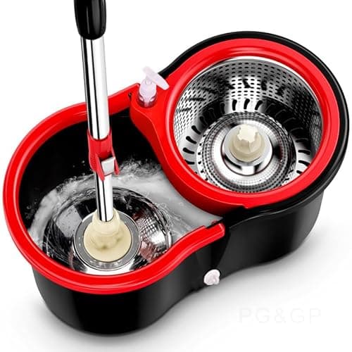 Image of ME JO Spin Mop and Bucket Set with Wringer and 2 Microfiber Flat Mop Heads – 360° Spin Mop with Stainless Steel Wringer & Telescopic Handle | Ideal For Bathroom Mop and Laminate Wood Floor Mop