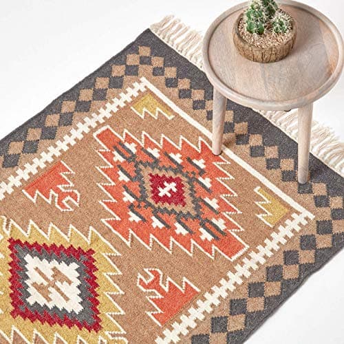 Image of HOMESCAPES Jaipur Brown, Orange & Grey Handwoven Kilim Rug for Living Room Traditional Wool Rug with Fringe, 90 x 150 cm