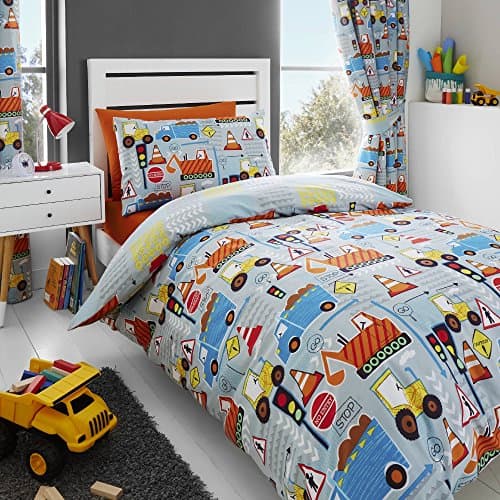 Image of Happy Linen Company Kids Boys Big Digger Trucks Grey Toddler Cot Bed Reversible Duvet Cover Bedding Set