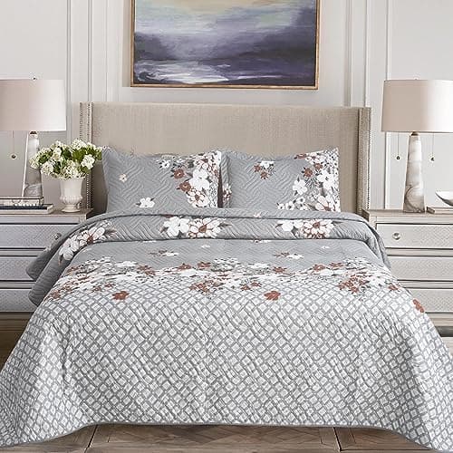 Image of BOSKI LONDON 3 Piece Quilted Patchwork Bedspread with 2 Shams | Reversible Floral King Size & Double | Lightweight Microfiber Quilt | 220x240cm (Grey Charm)