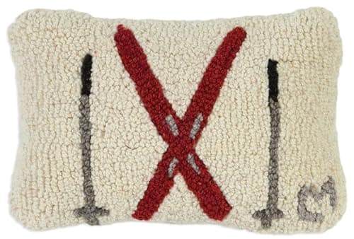 Image of Chandler 4 Corners Artist-Designed Crossed Skis Hand-Hooked Wool Decorative Throw Pillow - Ski Pillow for Couches & Beds - Easy Care & Low Maintenance - Winter Pillow for Cabins & Lodges