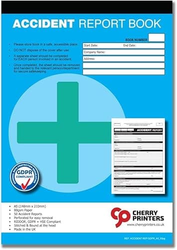 Image of Cherry Printers GDPR Compliant Accident Report Book A5 | 50 Accident Forms | RIDDOR + HSE Compliant | Perforated for Easy Removal | 80gsm Paper | Stitched at Head | Made in UK |