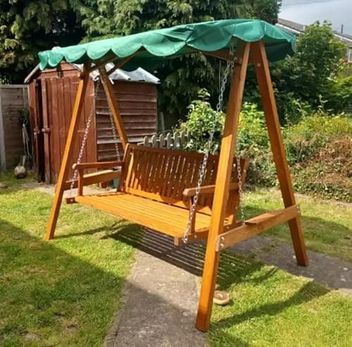 Image of Large Garden Swing Chair Outdoor Patio Furniture 3 Seater Rustic Solid Wooden Backyard Bench Canopy Hammock Porch Heavy Duty Sun Lounger Seat
