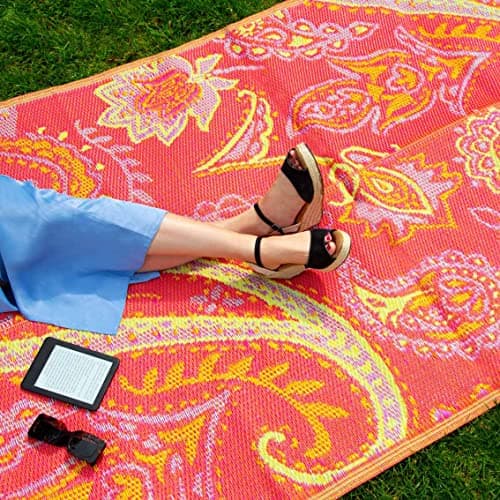 Image of Talking Tables Reversible Waterproof Outdoor Rug, Plastic, Lightweight Mat with Paisley Print Pattern, For Garden, Decking, Bathroom, Utility, Picnic 180cm x 120cm
