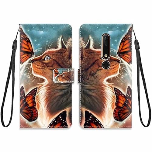 Image of KARTXITAI Case Compatible with Nokia 6.1/Nokia 6 VERSION 2018,Pattern PU Leather Flip Phone Case Wallet Cover with Card Slot Holder Magnetic TPU Protective Cover-Cat, butterfly