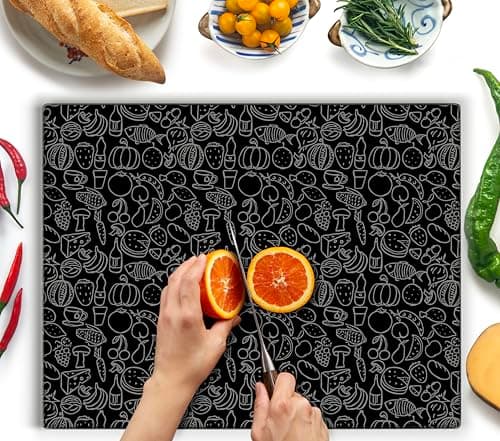 Image of Kitchenville Glass Chopping Board 50x40 cm: Tempered Glass Worktop Savers for Kitchens, Durable, Scratch-Resistant, Heat-Proof - Black Design