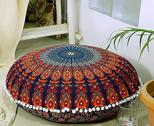 Image of Bohemian Cushion Covers 32" Mandala Cushion Cover Round Floor Pillowcase Cotton Cushion Hippie Round Boho Floor Cushions Chic dog bed Indian Pouf COVER ONLY (Peacok- Multicolour)