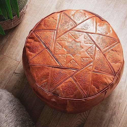 Image of Tan Tunisian Leather Round Pouffe Footrest – Hand Crafted Artisan Leather Beanbag Filled Footstool Seat with Intricate Designs & Zipped Opening – Indoor Home Living Room Furniture, H25.5 x W47cm