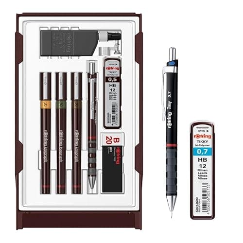 Image of rOtring Isograph Pen Set Technical Pen & Pencil College Set S0699370 | 3 Pens (0.20mm, 0.30mm, 0.50mm) and Mechanical Pencil (0.5mm) | Accessories | Set with Pencil 0.7 mm and Refills