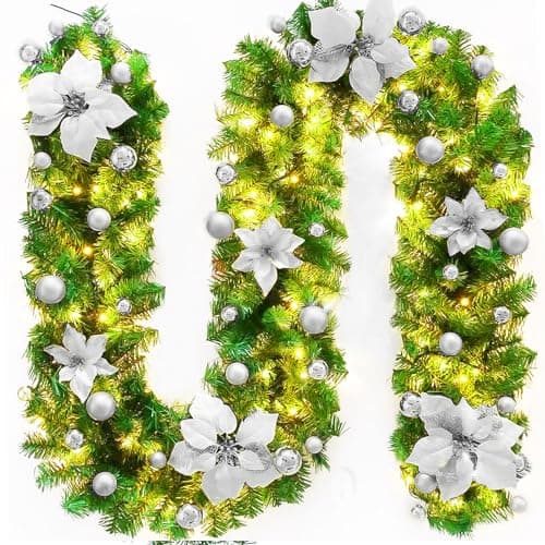 Image of 2.7M Christmas Garland Decorations, Christmas Garland with LED Lights, Artificial Christmas Decoration Garland for Fireplaces, Stairs, Interior Decoration, Christmas Ornament Decoration（silver）
