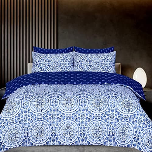 Image of DTEX HOMES Double Duvet Set 100% Pure Cotton Reversible Printed Hotel Quality Duvet Cover Ultra Soft Easy Care double bedding Set Super Soft and Luxury Duvet Cover Sets (Greek Blue-Double)