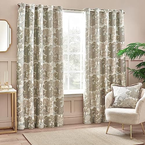 Image of furn. Wylder Woodland Eyelet Curtain Pair – Room Darkening Lined Luxury Jacquard Nature Tree Curtains (Natural – Width 229 x Drop 137cm)
