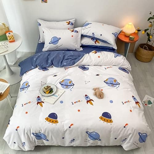 Image of HAVOP 100% Cotton Duvet Cover Double Size Kids Boys Girls Cartoon Space Bedding Set Rocket Planet Stars Printed Quilt Cover Set White And Blue All Season Bedding Set, 200×200 cm