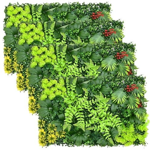 Image of KTCINA 4Pcs Artificial Plant Flower Living Wall Panels 60x40cm Artificial Green Wall Panels Fence Privacy Screen Grass Wall Fence Screening Spring Leaf Backdrop for Indoor Outdoor Garden Wall Decor