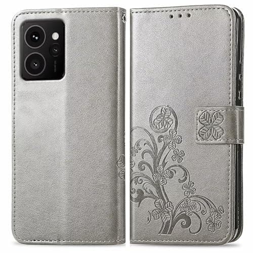Image of RankOne Leather Phone Case for HMD Skyline (6.55" Inches), Wallet Case with 3 Card Slots 1 Coin Pocket Four Leaf Clover Pattern - Grey