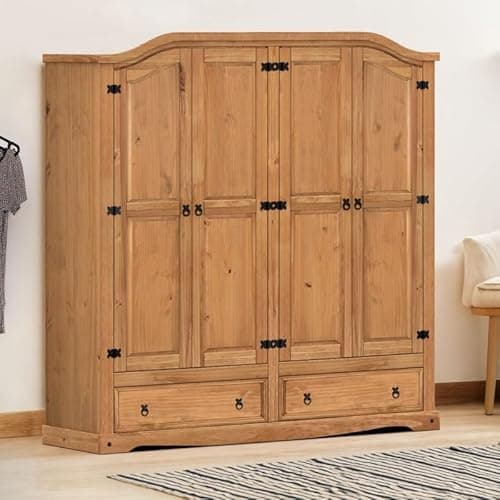 Image of Corona 4 Door 2 Drawer Wardrobe Solid Wood Pine Wooden Storage Bedroom Furniture Large Robe Mexican Style 190cm High 191cm Wide 51cm Deep