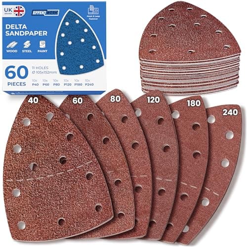 Image of EffektWerk Delta Sandpaper 105x152mm - 60 PK, 11 Holes - Triangular Sanding Pads for Mouse Sanders - Self-Adhesive w/Hook & Loop Closure - Fine & Coarse Sanding w/ 40, 60, 80, 120, 180, 240 Grit