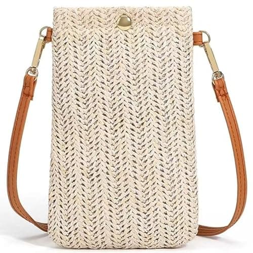 Image of HATOFES Crossbody Phone Bag for Women Ladies, Mini Cross body Shoulder Straw Bag with Adjustable Straps, White Small Cellphone Bags Phone Purse bag Coin Wallet Holiday