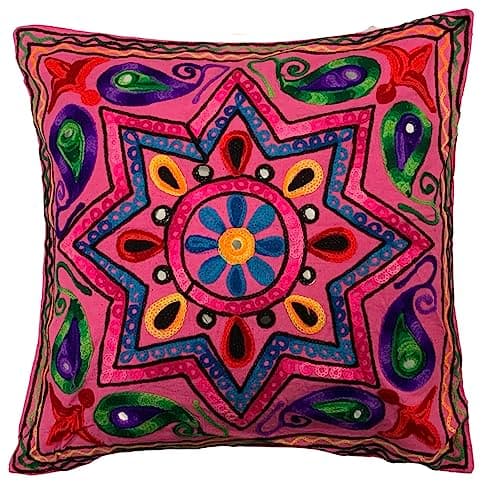 Image of Original Kikan Boho Indian Star Suzani cushion cover 40 x 40 cms, Suzani Multi Colour Embroidery - 16"x16" Ethnic Cushion Covers Vegan Eco FreindlY (PINK)