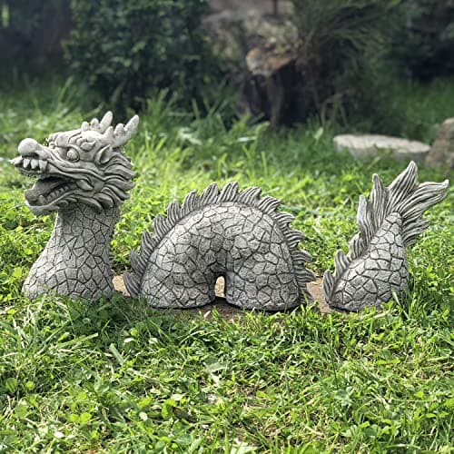 Image of ONEFOLD - Chinese 3 piece Dragon Garden Ornament/Hand Cast Stone Garden Statue/Home Patio Conservatory Decor