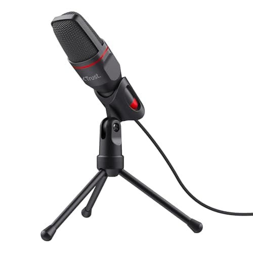 Image of Trust Gaming GXT 212 Mico USB Microphone on Tripod for PC, PS4, PS5 and Laptop, Mic with 3.5 mm and USB Connection, 1.80 m Cable, for Streaming, Twitch and Youtube - Black