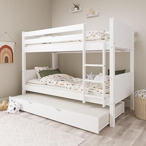 Image of Luvon Wooden Detachable Bunk Bed with Trundle, Triple Sleeper Kids Bunk Bed, Solid Pine Bunk Beds That Split into Singles (WHITE)