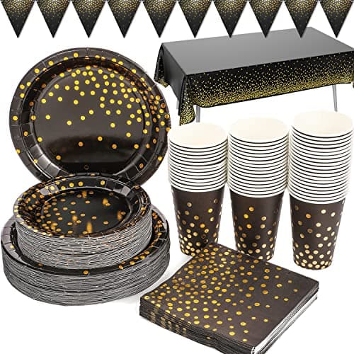 Image of Black and Gold Party Tableware 99 Pieces Gold Dot Party Supplies Decorations Includes Paper Plates, Napkins, Cups, Tablecloth, Banner, for Birthday, Anniversary, Graduation, New Years Eve, 24 Guests