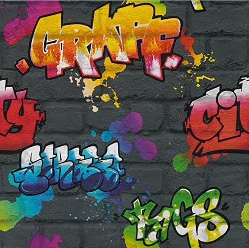 Image of Graffiti Wallpaper Paint Splash Brick Effect Textured Typography Dark Grey Multi