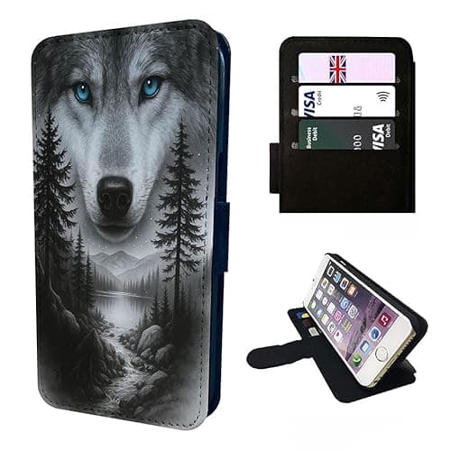 Image of Wolf Blue Eyes Wallet Phone Case Flip Cover Compatible with iPhone SE X XR 11 12 13 14 15 16 16E 17 Air Plus Mini Pro Max – Faux Leather Wolf Print, Wildlife Lover Gift Nature