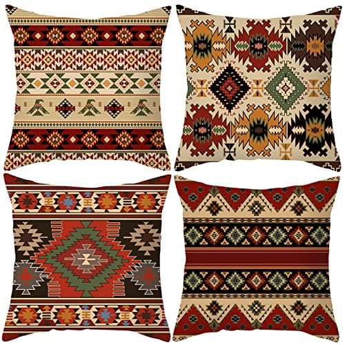 Image of HOSTECCO Aztec Tribal Cushion Covers 45x45 cm Pack of 4 Ethnic Geometric Cushion Cases Western Decorative Pillow Cases for Sofa Bed