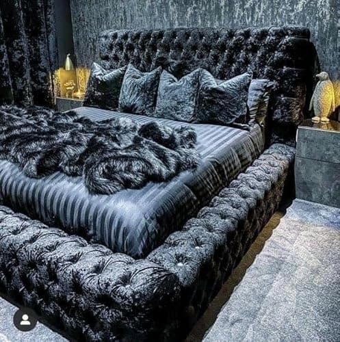 Image of Bespoke Beds Black Crushed Velvet Upholstered Regal Ambassador Bed Frame and Headboard - Hand Made in the UK - Double/Kingsize/Superking (without Mattress, Double 4ft6)