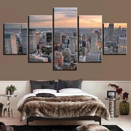 Image of YUNTAOS Canvas Paintings Wall Art 5 Piece Canvas Prints Wall Art 5 Pieces Sunset Over Manhattan Canvas Wall Art Painting for Home Living Room Office Mordern Decoration Gift