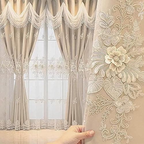 Image of Amidoudou Pencil Pleat Curtains 1 Pair Luxury European Curtains with Wavy Valance for Living Room Bedroom Double Layer Embroidered Curtain (Beige,W 66" x L 95" (2 Panels))