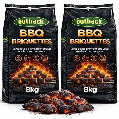 Image of OUTBACK Briquettes 16kg Premium BBQ Charcoal Briquettes, Hotter Longer Burning Constant High Temperature Barbecue Charcoal Coal Perfect for Outdoor Grills (2x 8kg Bag)