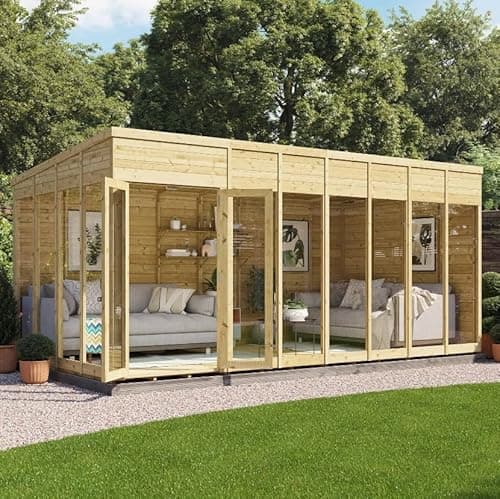 Image of BillyOh Switch 16x8 Pent Log Cabin Summer House, Pressure-Treated Wooden Garden Shed with Floor-to-Ceiling Windows, Double Doors & Pent Roof, 11mm Tongue & Groove Garden Room, Outdoor Office & Studio
