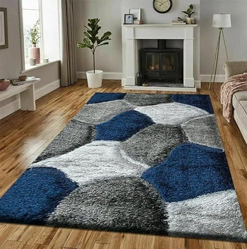Image of Online Bedding store Area Rugs – luxury Beautiful Pona Shaggy Modern Area Rugs - 3D Design carpet for hallway Non Slip Rug (Blue-Grey, 120 x 170 cm)