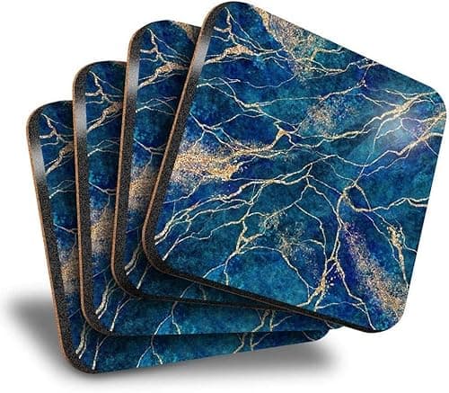 Image of Sawfish® Coaster Set of 4 Square - Navy Blue Marble Stone Effect Drink Glossy Coasters/Tabletop Protection for Any Table Type