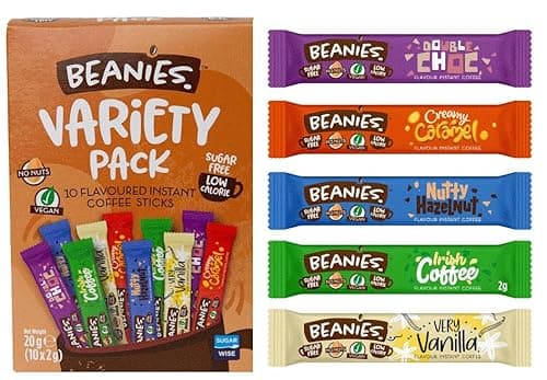 Image of Beanies Flavoured Instant Coffee Sticks Variety Pack, 10 x 2g Sachets (5 Flavours) Very Vanilla, Irish Coffee, Double Choc, Nutty Hazelnut, Creamy Caramel - Sugar Free, Low Calorie