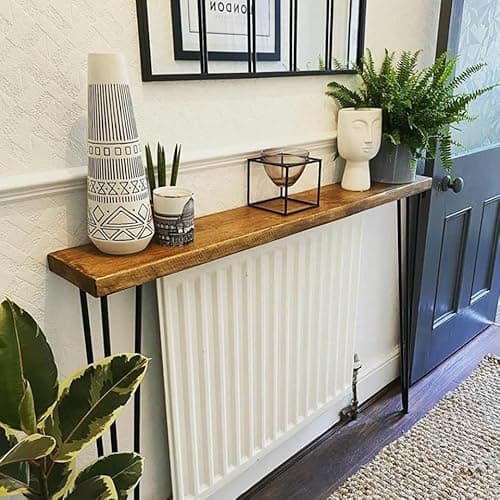 Image of Urban Reclamation Buttermere Rustic Console Table with Hairpin Legs | Reclaimed Scaffold Board Hallway Table | Handmade Radiator Cover Made from Solid Wood (Walnut, 100cm)