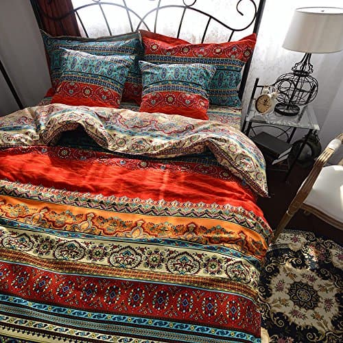 Image of Qucover 100% Cotton Double Duvet Cover 200x200 cm, 3- Piece Striped Blue Beige Red Double Duvet Set Design Reversible, Ultra Soft Brushed Cotton Ethnic Style Boho Bedding with 2 Pillowcases