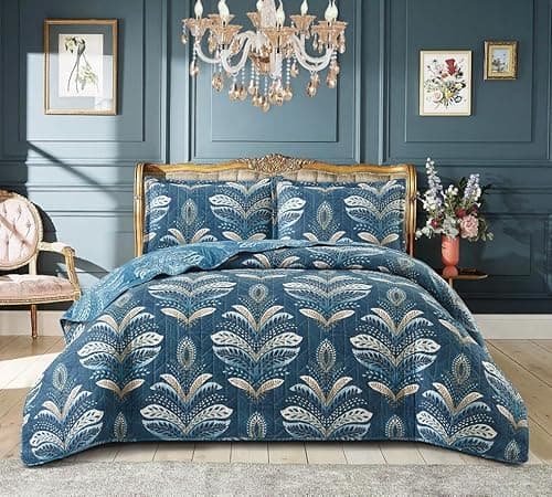 Image of Householdfurnishing 3 Piece Printed Patchwork Bedspread Quilted Bed Throw Comforter with Pillow Shams (Jasmine Teal, Super King)