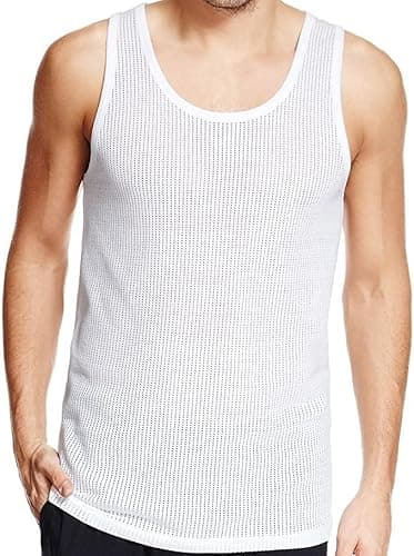 Image of 3 Pack Mens Airtex Mesh Vest 100% Cotton Sleeveless Tank Tops Gym Tranining Vest Comfortable Fishnet Swimwear Vest (as8, Alpha, l, Regular, Regular) White