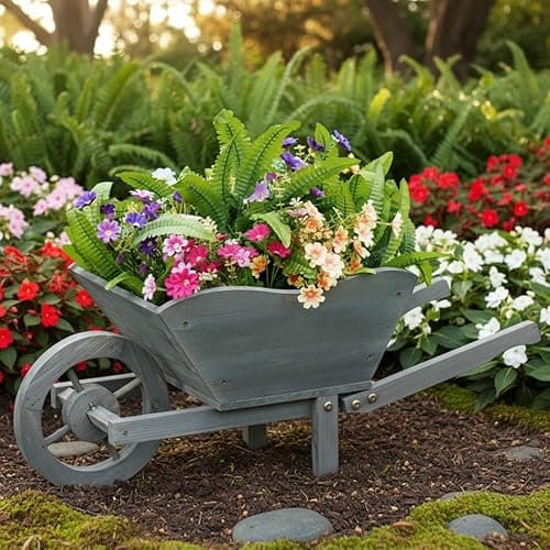 Image of Zebi Wooden Garden Wheelbarrow Planter - Garden Ornaments Outdoor Plant Pots, Flower & Vegetable Planters Outdoor - Decorative Outdoor Flower Container with Stand. (L73 x W28 x H31 cm)