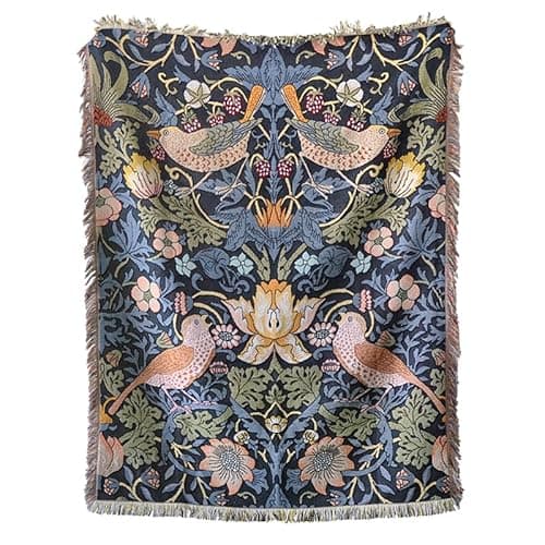 Image of Artsence William Morris Strawberry Thief Throw Blanket with Tassels, Cotton Woven Throw for Couch and Bed, Floral & Birds Art Tapestry Wall Hanging Size 48"x60" (120x150cm)